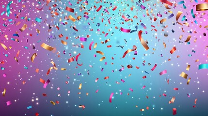 Festive colorful confetti and glitter falling on a gradient background