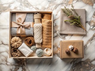 Pet care Subscription Boxes on a Marble Platform Flat Lay