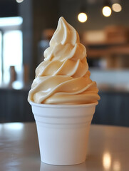 Classic Vanilla Soft Serve Ice Cream in White Cup in a Cozy Cafe Setting : Generative AI