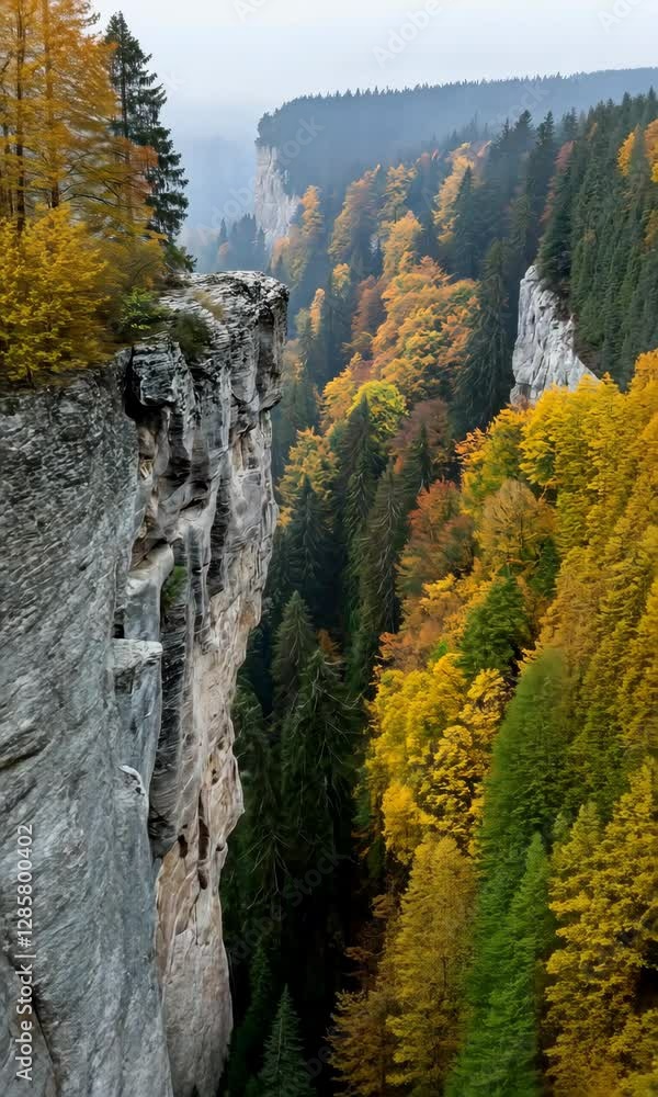 Aufkleber a mountain range with trees in the foreground and a cliff in the background