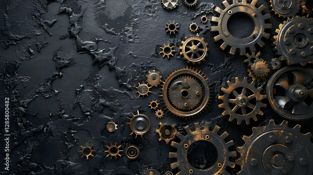 Poster close-up of intricate gears and cogs against a textured dark background, showcasing mechanical desig