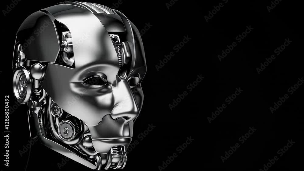 Fototapete metallic android head rotating slowly, revealing intricate mechanical components against stark black
