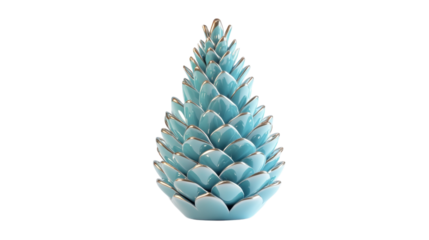 Decorative ceramic pinecone sculpture in blue and silver displayed on a white background