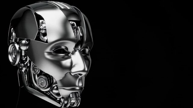 Metallic android head rotating slowly, revealing intricate mechanical components against stark black background, highlighting advanced technological design and robotic engineering complexity