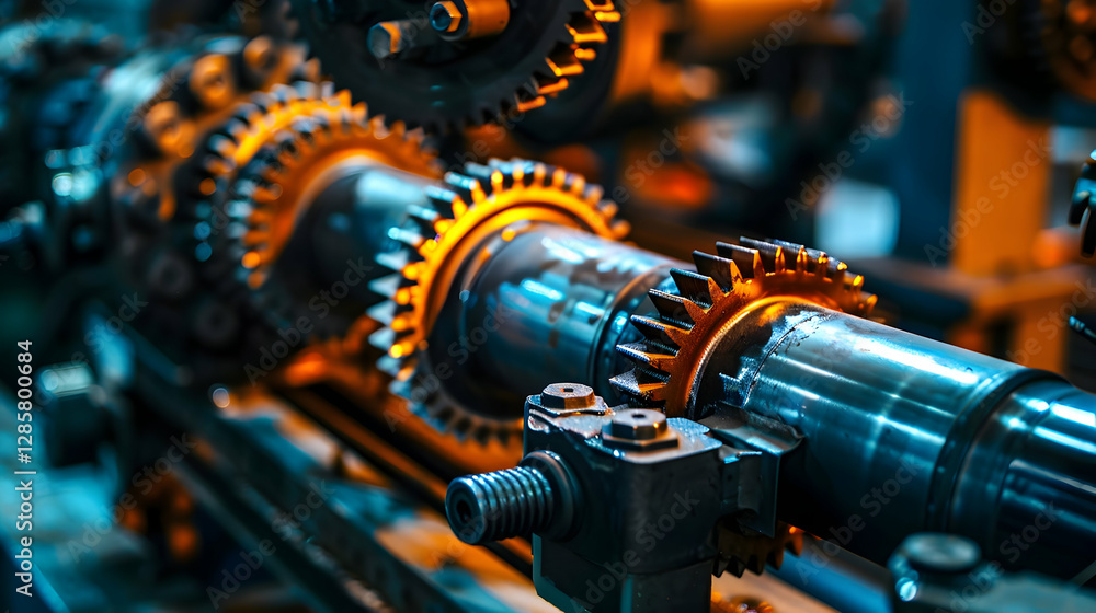 Poster close-up of intricate machinery with gears and shafts illuminated in a workshop setting