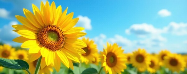 Obraz premium Sunflowers bursting, vibrant yellow petals against azure sky, blue sky, summer, detail