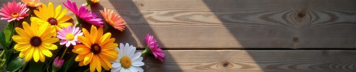 Sunlit bouquet of wildflowers, aged wooden surface, artistic, plants
