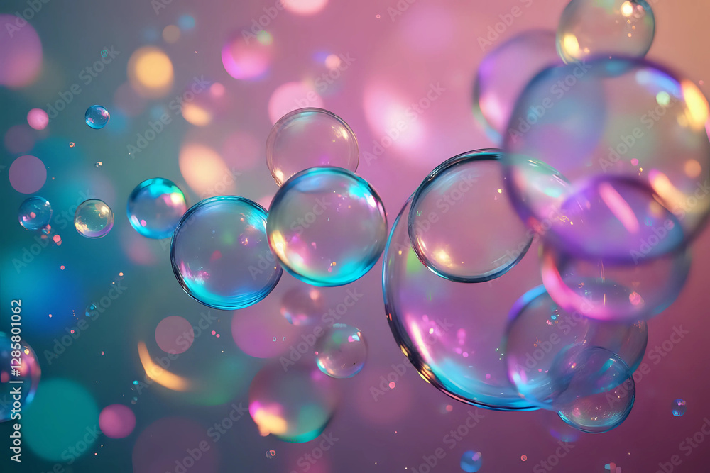 Poster colorful soap bubbles with bokeh effect.