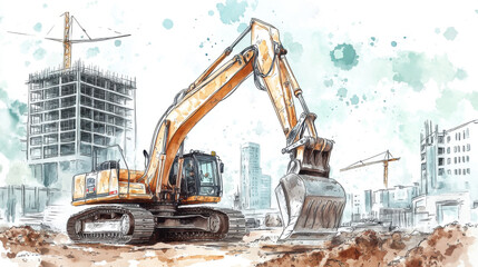 A detailed illustration of an excavator working on a construction site with buildings in the background, showcasing the machinery in action.
