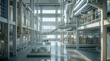 Obraz premium Modern industrial facility interior showcasing machinery, storage tanks, and bright lighting