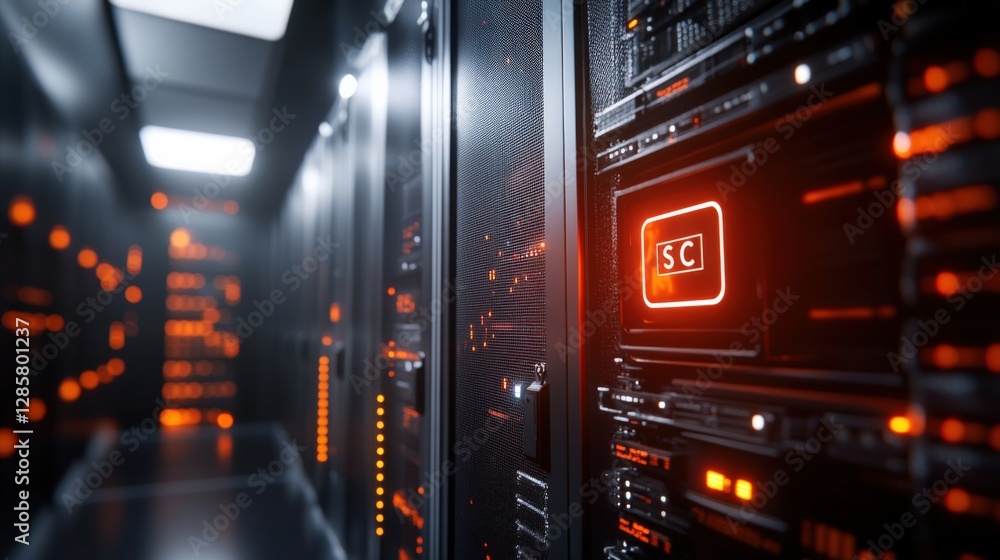 Poster data center operations high-tech facility technology infrastructure server environment close-up view