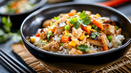 Delicious Teriyaki Chicken Stir Fry with Vegetables Served Over Steamed Rice in Black Bowl : Generative AI