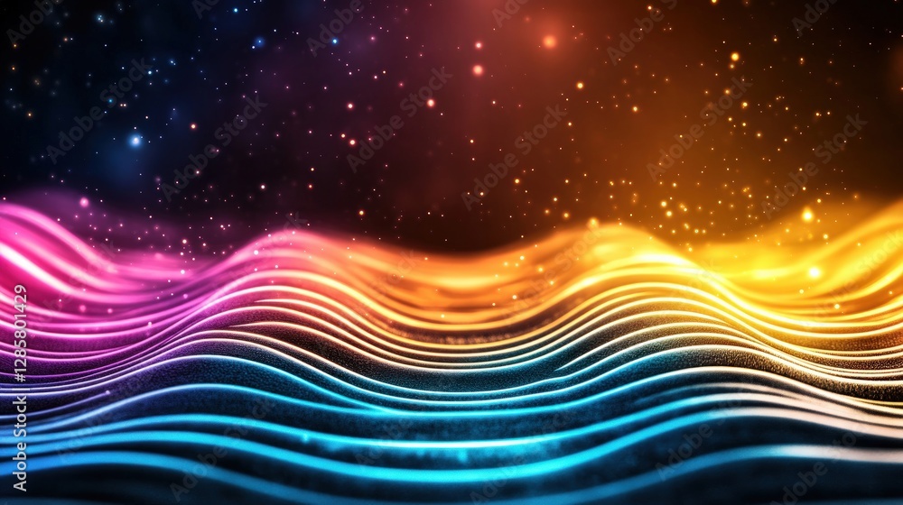 Poster Vibrant Abstract Waves of Light and Color with Stars in Background