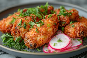 Spicy korean fried chicken delight gourmet kitchen food photography cozy atmosphere close-up culinary experience
