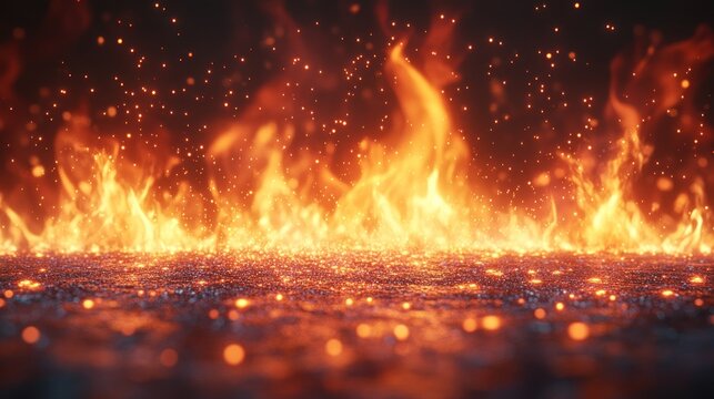Fiery flames on glittery surface, dark background