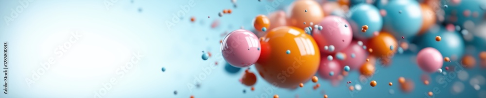 Poster colorful spheres and particles floating against a smooth blue background create a dynamic and playfu