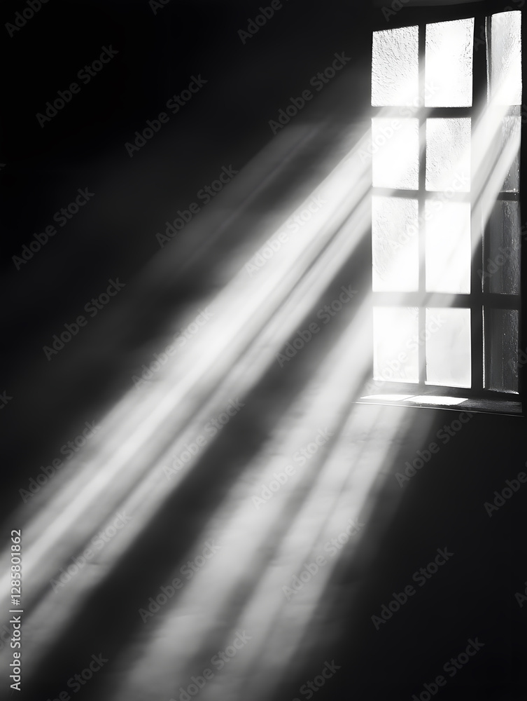 Poster Black and White Sunlight Streaming Through Window Panels : Generative AI