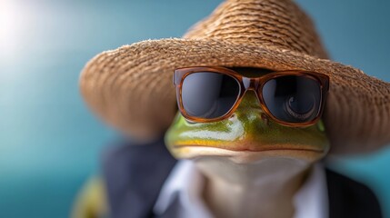 Frog wearing sunglasses and a straw hat. The frog is wearing a suit and tie. The frog is looking at the camera
