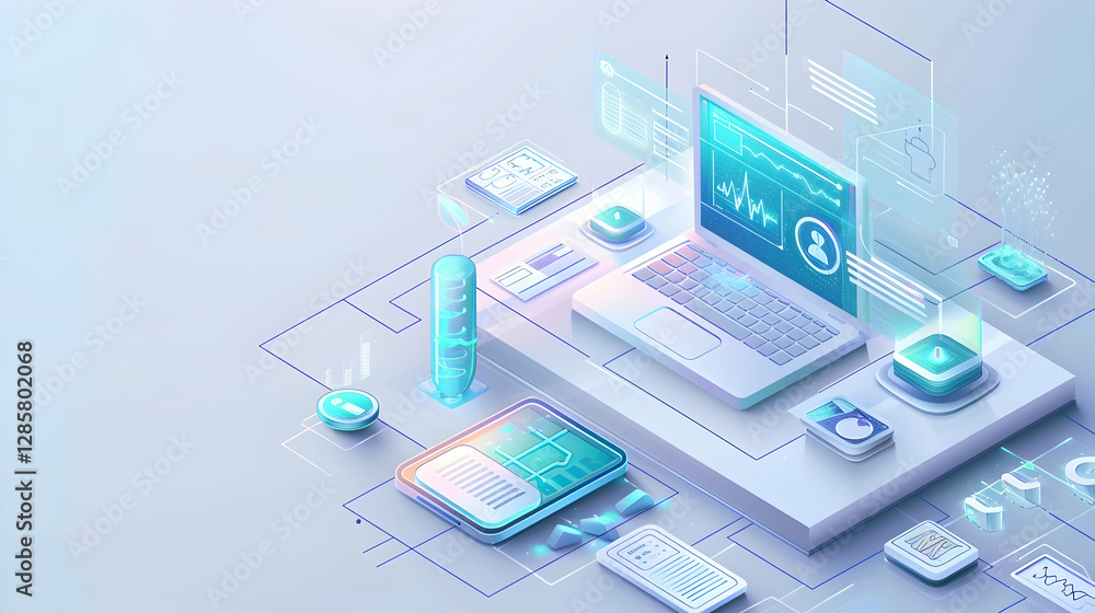 Poster futuristic workspace with digital devices and data analytics in a modern tech environment