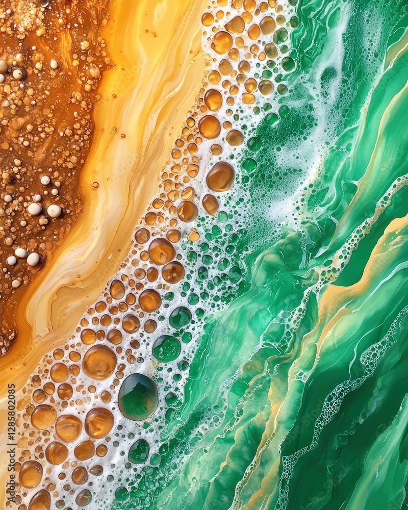 Aufkleber abstract colorful fluid art with bubbles and textures in green and orange