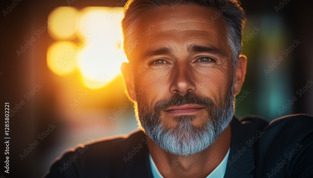 Aufkleber man with a beard and glasses is standing in front of a window with the sun shining on him