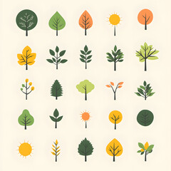 Obraz premium A collection of simple minimalist icons of trees, leaves, and suns, designed in flat colors for environmental designs and branding.