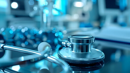Close-up of a stethoscope on a reflective surface in a medical office with blurred equipment in background