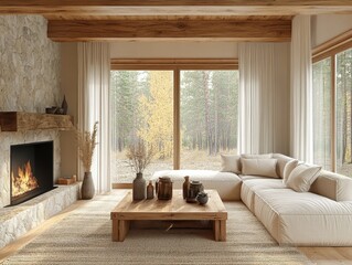 A living room with a fireplace and a large window