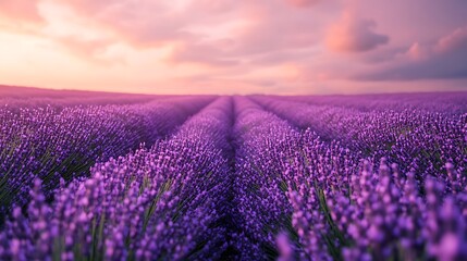 Obraz premium Lavender Field at Sunset Rows of Purple Flowers Under Pink Sky