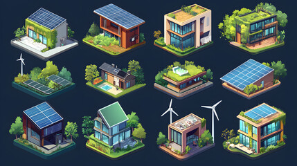 A collection of vector-style eco-architecture and energy efficiency icons, showcasing solar power, wind energy, green roofs, and energy-saving buildings for an innovative and sustainable approach to d