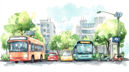 Obraz premium A vibrant city street scene featuring various vehicles including buses and cars, surrounded by lush greenery and urban buildings, showcasing public transport.