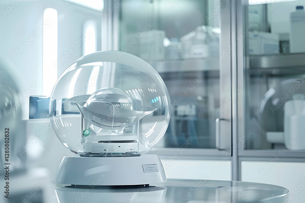 Poster modern laboratory setup showcasing a transparent weighing scale with precise measurement tools