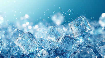 Ice cubes on a background of blue light. The ice is transparent, with lots of small bubbles inside, and it looks very refreshing. The cubes are arranged in a chaotic manner, creating a feeling of cool