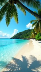 Fototapeta premium Wide panoramic view of pristine beach, clear blue water and abundant palm trees , summer, ocean