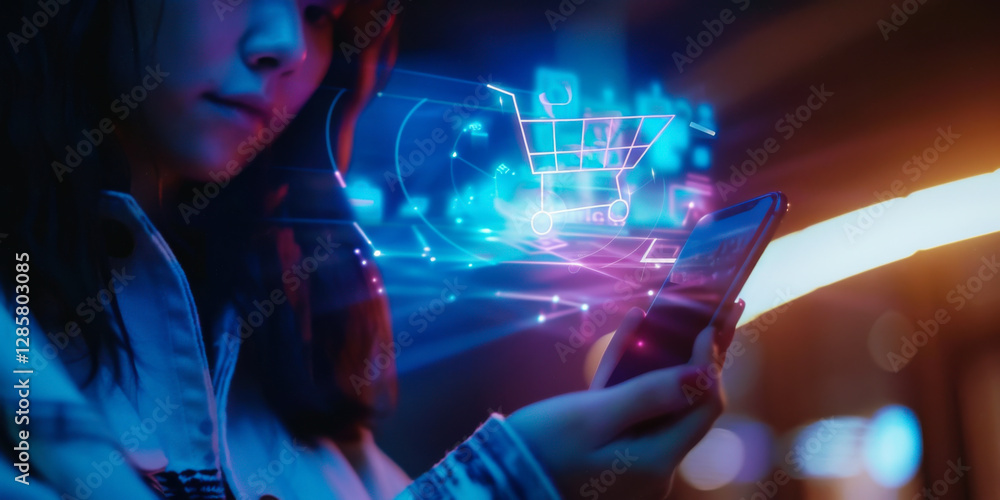 Poster engaging in digital shopping with virtual cart graphics illuminating the experience