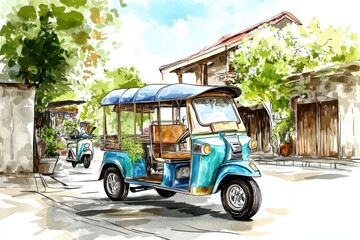 Obraz premium A vibrant illustration of a traditional auto rickshaw parked on a serene street, surrounded by lush greenery and charming houses.
