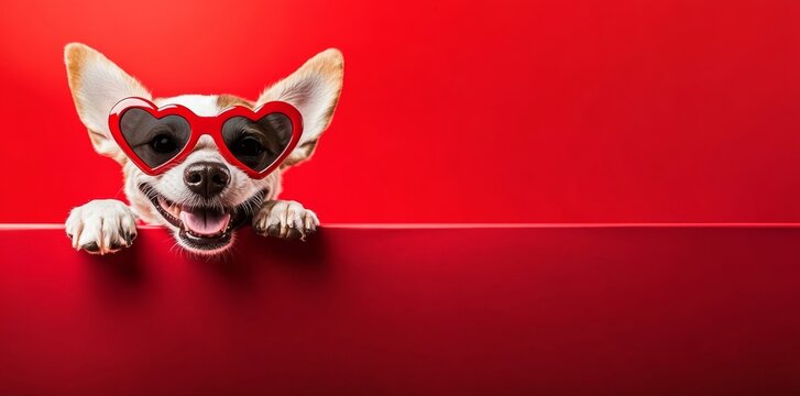 Dog wearing sunglasses and a heart shaped frame on its face. The dog is smiling and looking at the camera - Powered by Adobe