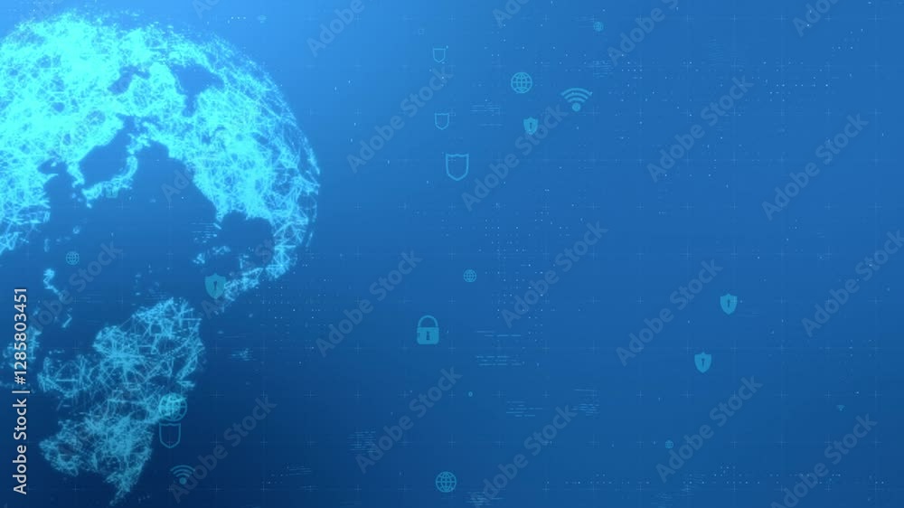 Poster motion graphic of blue digital security shield logo and futuristic circle hud with big data processe