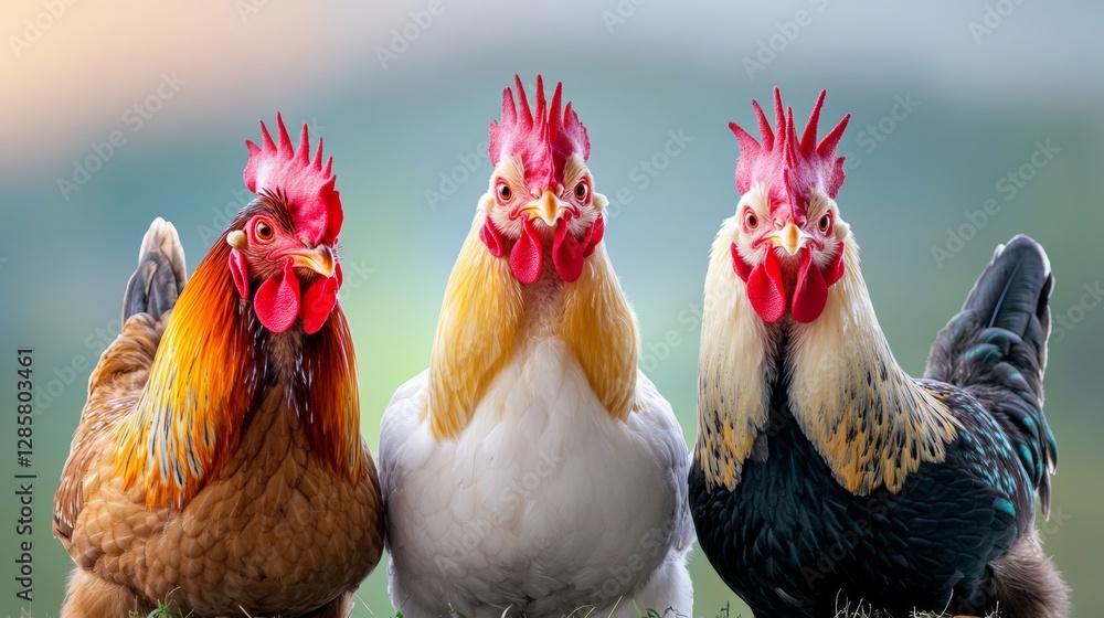 Poster three chickens with different colored heads are standing next to each other. the chickens are all fa