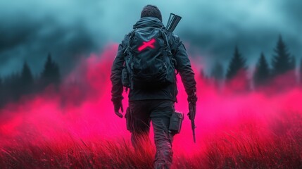 Mysterious figure walks through misty landscape with a weapon in hand, evoking an atmosphere of anticipation and intrigue