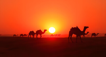 Fototapeta premium Crimson sunset with silhouettes of distant camels background. A desert scene bathed in warm golden-red light