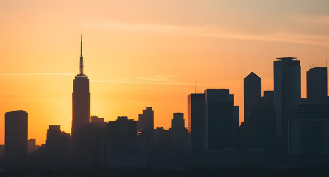 City skyline silhouette at dusk background. Soft golden hues fading behind urban skyscrapers