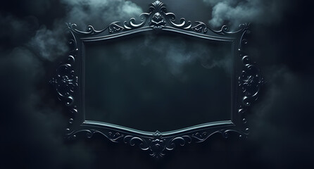 Dark enchanted mirror foggy reflection background. Mysterious mist swirling over an ornate silver frame