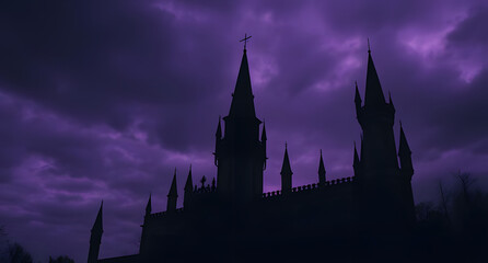 Fototapeta premium Dark gothic castle background. Black spires, moody purple sky, eerie atmosphere