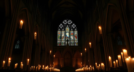 Fototapeta premium Dark cathedral with floating candles background. Gothic architecture illuminated by hovering lights