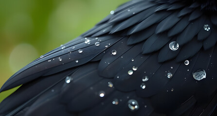Obraz premium Close-up of a raven’s feather glistening with dew background. Dark elegance captured in fine detail