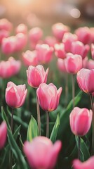 Fototapeta premium Vibrant pink tulips in sunlit field capturing nature's beauty