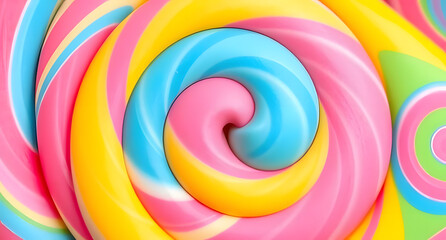 Colorful candy swirl background. Bright pink, yellow, blue, and green spirals. Fun and playful aesthetic