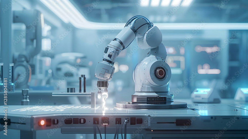 Poster advanced robotic arm assembling components in a high-tech laboratory with glowing equipment