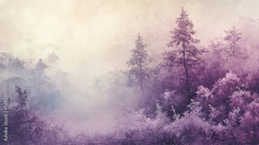 Poster a foggy forested landscape with tall trees and soft colors displayed
